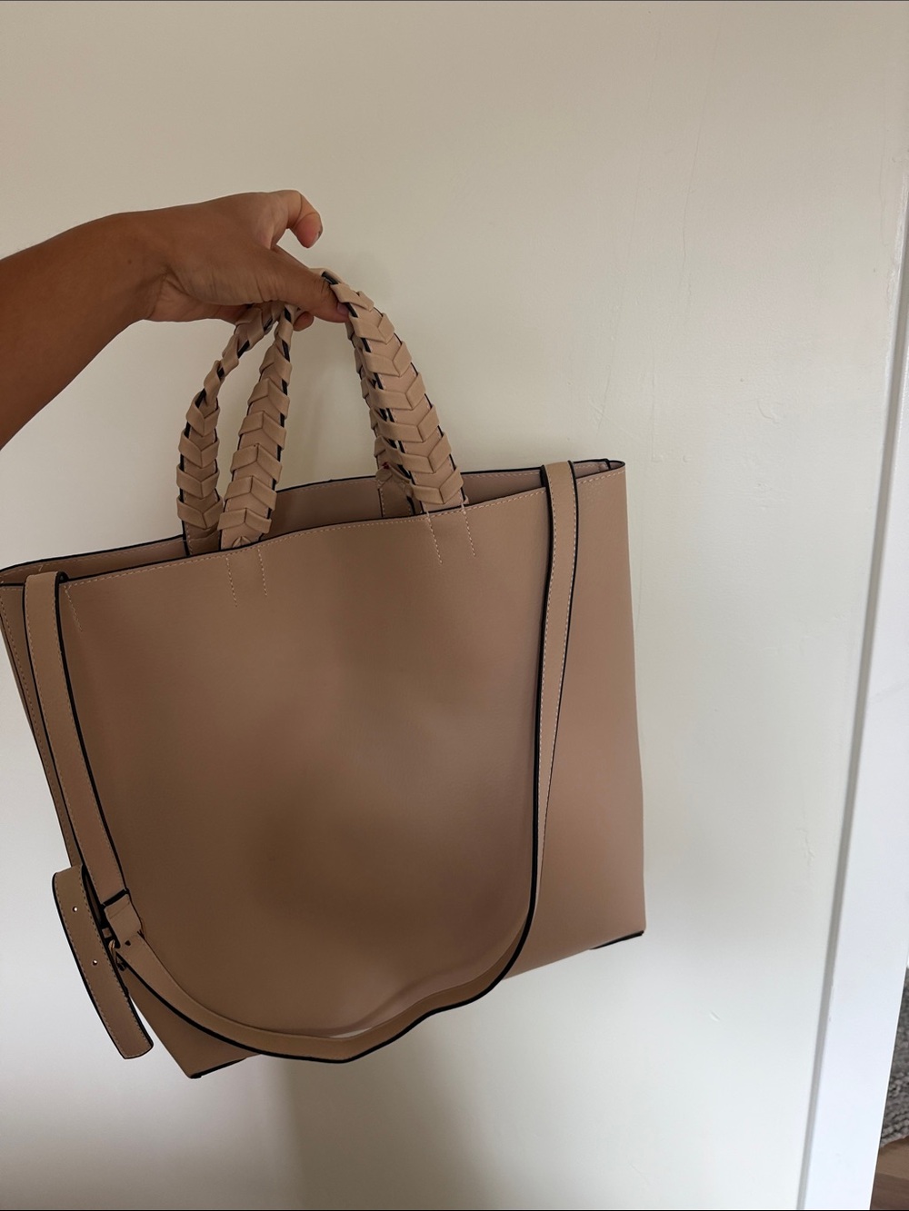 Braided-Handle Tote Bag in Beige
